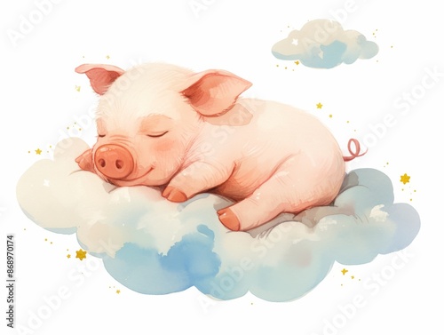 cute little piglet sleeping on a cloud, children's illustration, pastel colors, book illustration, isolated on white background