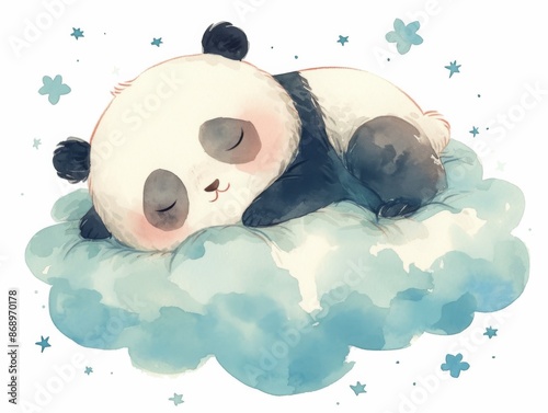 cute little panda bear sleeping on a cloud, children's illustration, pastel colors, pencil strokes, book illustration, isolated on white background