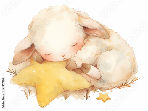 cute little lamb sleeping and lies on the star, baby sheep hugs the pillow, children's illustration, pastel colors, book illustration