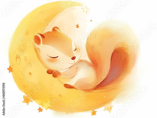 cute little squirrel hugs the moon and lies on it, stars around, children's illustration, pastel colors, book illustration