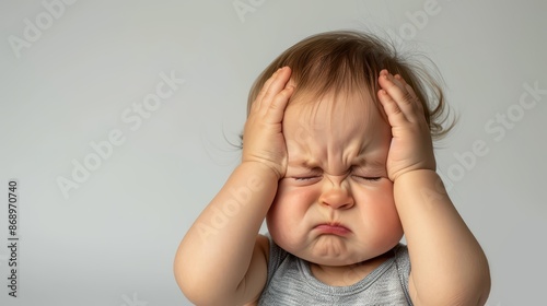 A baby holding head in pain, headache, on white background, with white space