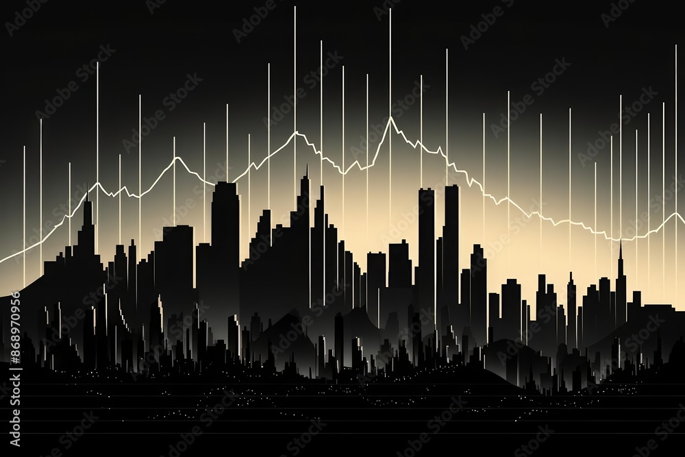 Obraz premium A dark cityscape with glowing white lines representing economic data