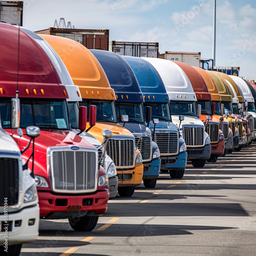 Busy Trucking Company Fleet Getting Ready for Distribution with Containers and Goods Loading