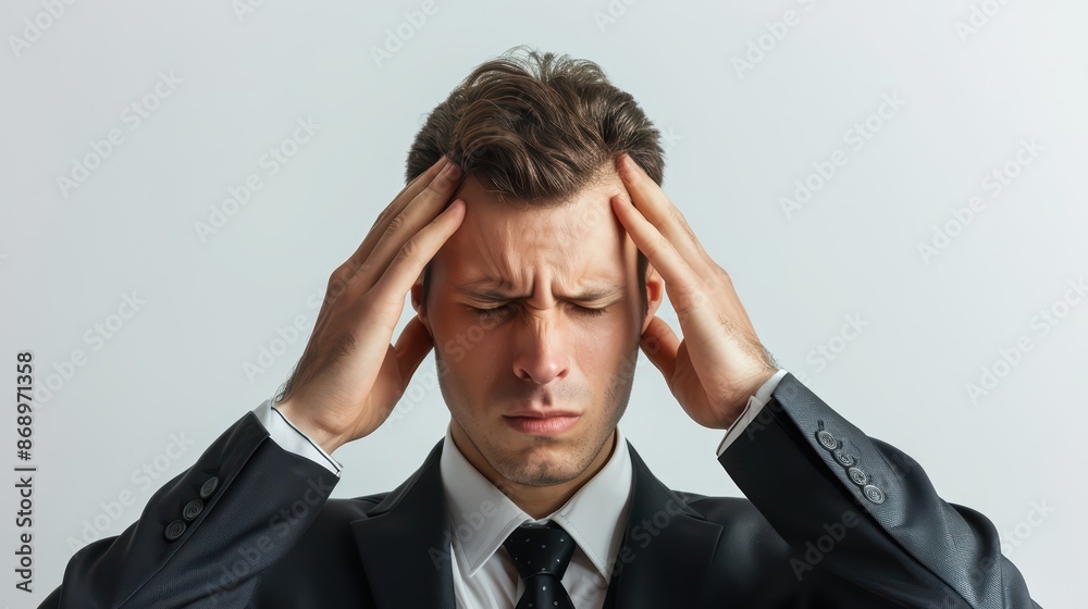 A business man holding their head in pain, headache, on white background, with white space A business man holding their head in pain, headache, on white background, with white space