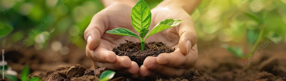 Hands holding a small green plant in soil.