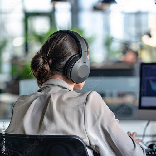 Focused Worker: Person Using Noise-Canceling Headphones in Busy Office to Enhance Concentration and Productivity