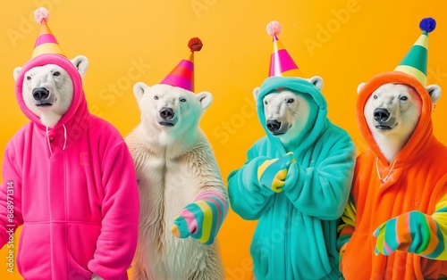 Creative animal concept. Bright background advertising, group of polar bears in funky wacky wild mismatched colorful costumes. Birthday party invitation.