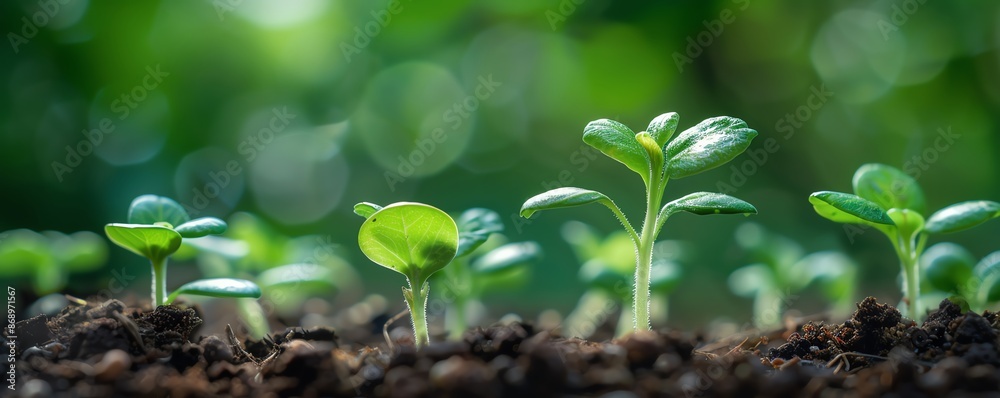 Closeup of young green plants growing in soil, symbolizing new life and growth. Closeup of young green plants growing in soil, symbolizing new life and growth.