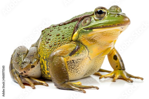 the beside view American Bullfrog, left side view, white copy space on right, dutch angle view, isolated on white background