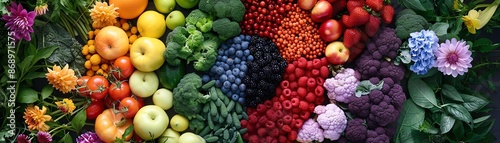 Rainbow of fresh produce, fruits and vegetables, arranged in a colorful display.