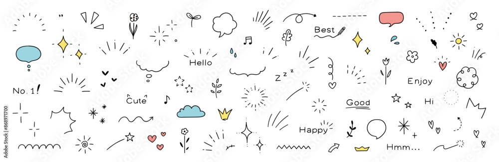Doodle line elements of shiny pen. Heart, accent, star, icon with shiny decorations, flowers, heart. Vector illustration. Doodle line elements of shiny pen. Heart, accent, star, icon with shiny decorations, flowers, heart. Vector illustration.