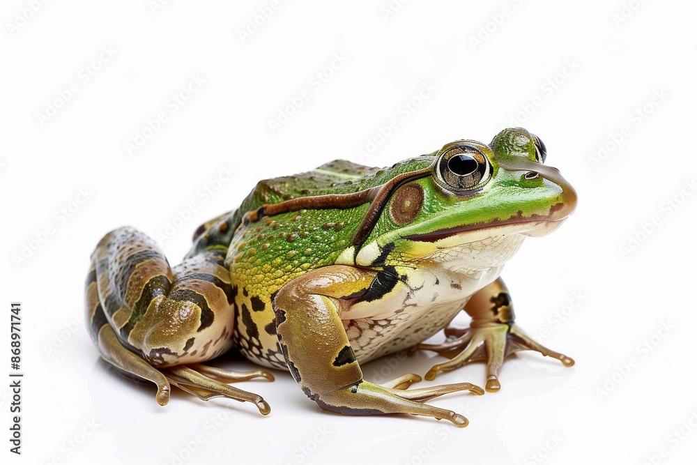 Obraz premium the beside view American Bullfrog, left side view, white copy space on right, isolated on white background