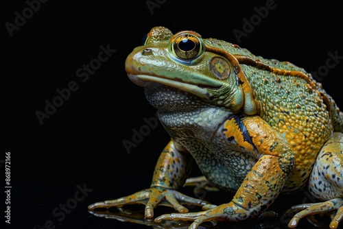 the beside view Goliath Frog, left side view, white copy space on right, isolated on black background © Tebha Workspace