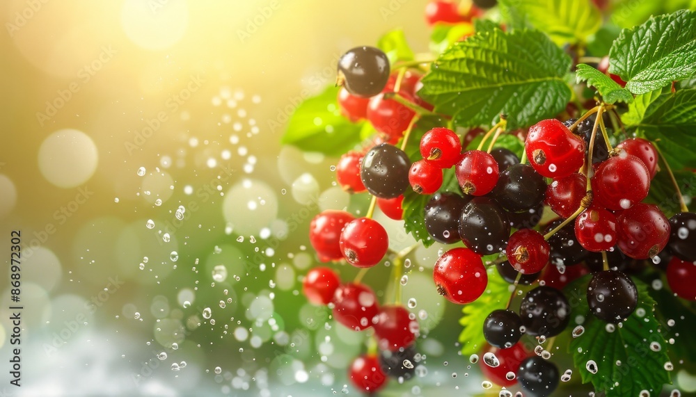 Close up view of raspberries, black currants, and cherries falling with water splashes in warm tones Close up view of raspberries, black currants, and cherries falling with water splashes in warm tones