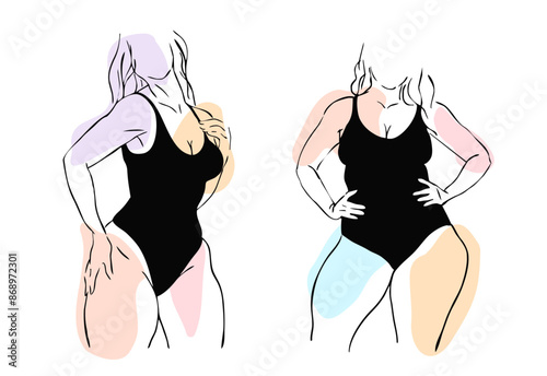 beautiful curvy  women bodies female figures in swimsuits line drawing style vector illustration