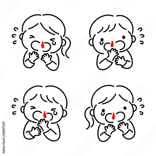 鼻血にびっくりして慌てる子供のイラストセット
Illustration set of a child who is surprised and panicked by a nosebleed
