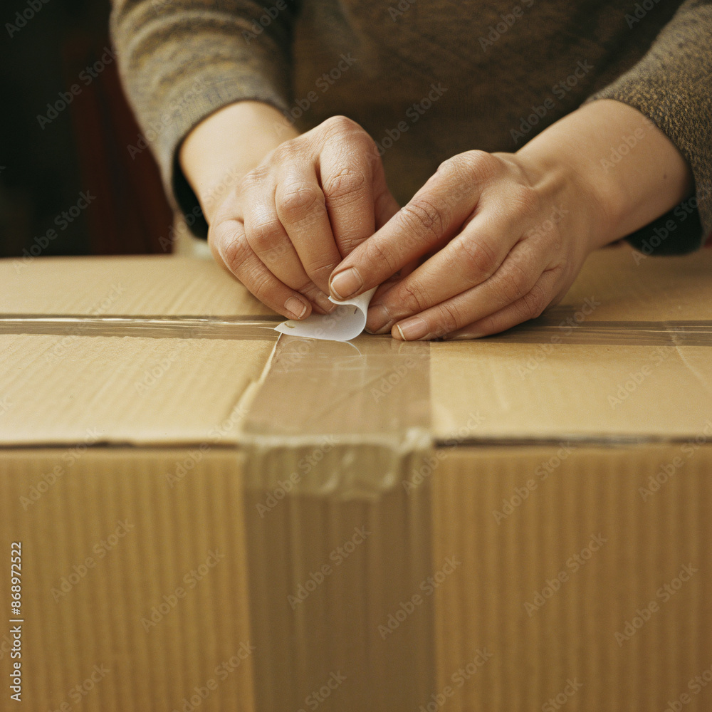 Obraz premium Packing Tape Sealing Hands Close-up for Secure Transportation of Boxed Items