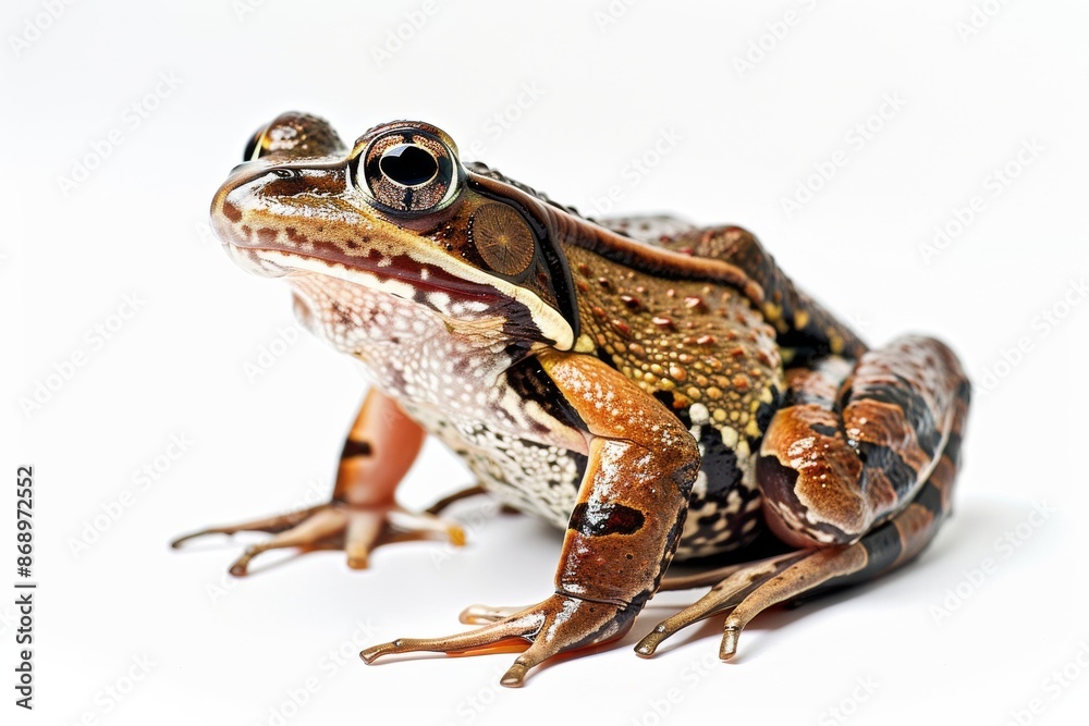 Fototapeta premium the beside view Northern Red-legged Frog, left side view, white copy space on right, isolated on white background