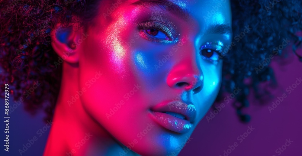Close-up portrait of woman with illuminated skin and vibrant neon lighting Close-up portrait of woman with illuminated skin and vibrant neon lighting