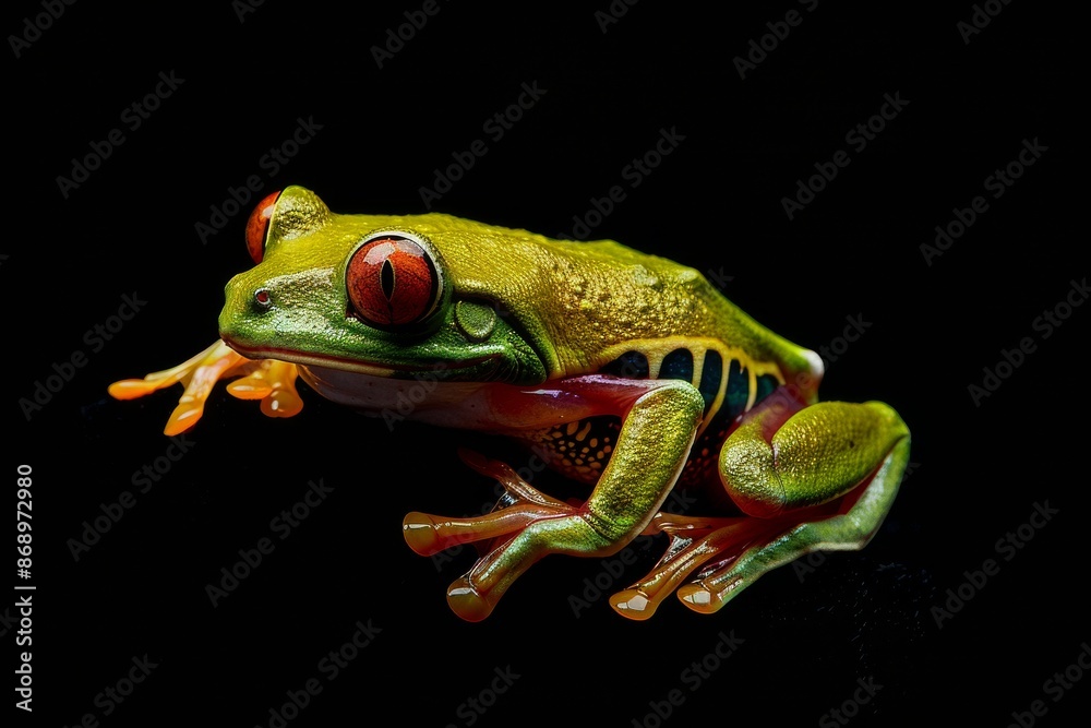 Fototapeta premium the beside view Red-eyed Tree Frog, left side view, white copy space on right, isolated on black background