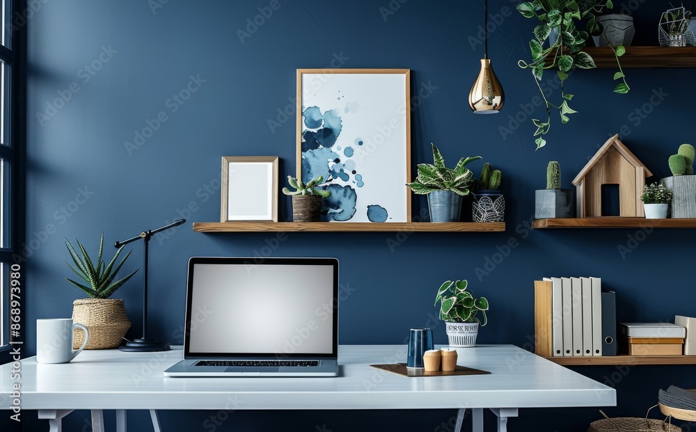 Modern home office setup with laptop, plants, and decor on a minimalist desk against a navy blue wall Modern home office setup with laptop, plants, and decor on a minimalist desk against a navy blue wall