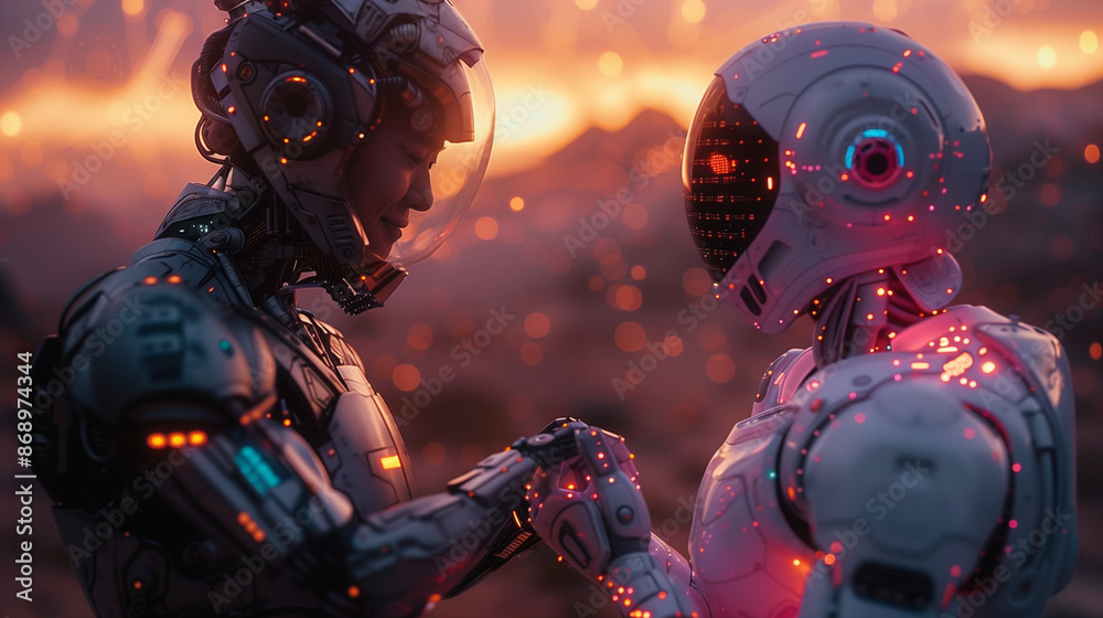 Portrait of two AI robots interacting Portrait of two AI robots interacting