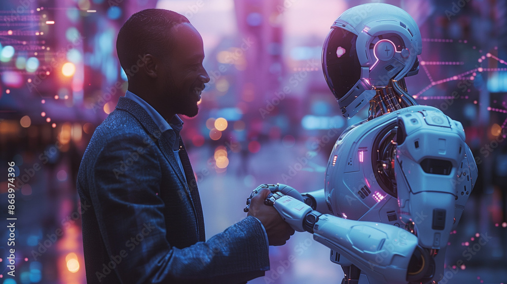 Portrait of a business man interacting with an artificial intelligence robot Portrait of a business man interacting with an artificial intelligence robot