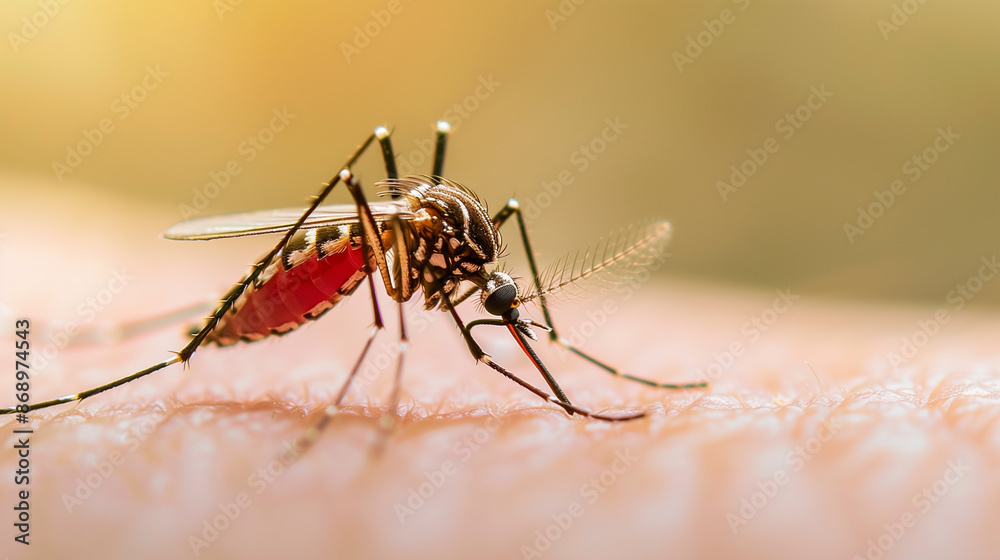 A mosquito is on a person's arm. The mosquito is red and black. The person is not wearing any protective clothing A mosquito is on a person's arm. The mosquito is red and black. The person is not wearing any protective clothing
