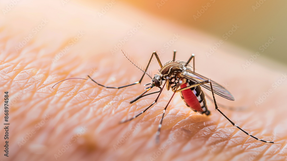 A mosquito is on a person's arm. The mosquito is red and black. The person is not wearing any protective clothing
