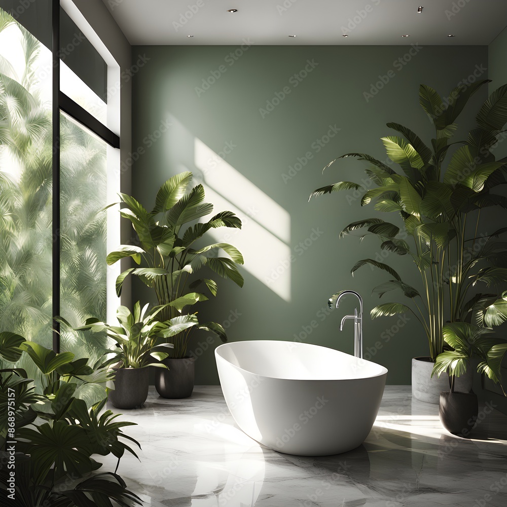 modern bathtub in a minimalist bathroom with tropical plants