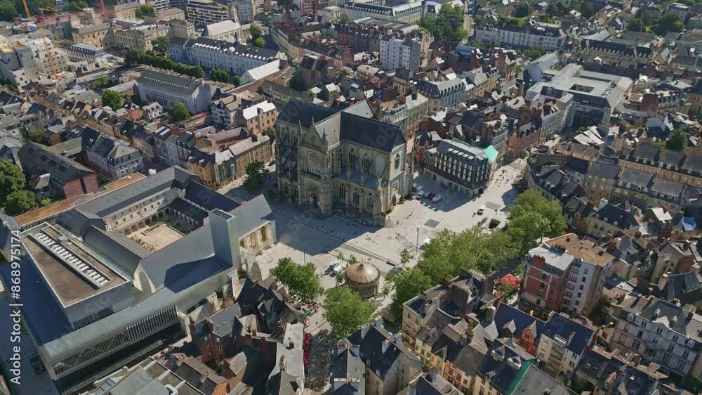 Basilica Saint-Aubin in Place Sainte Anne square and Jacobins convent, Rennes in France. Aerial top down backward and cityscape Basilica Saint-Aubin in Place Sainte Anne square and Jacobins convent, Rennes in France. Aerial top down backward and cityscape