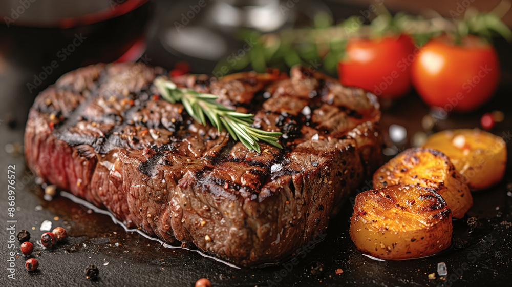 Juicy grilled beef steak with rosemary, tomatoes, and roasted potatoes on dark surface. Concept of gourmet cuisine, barbecue, and protein-rich meal. Juicy grilled beef steak with rosemary, tomatoes, and roasted potatoes on dark surface. Concept of gourmet cuisine, barbecue, and protein-rich meal.