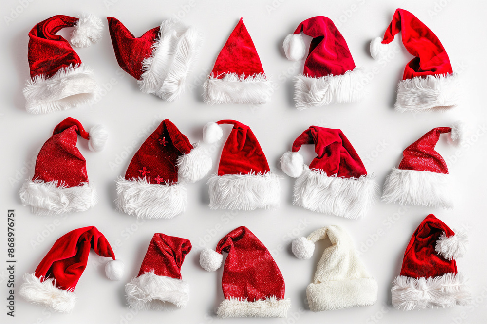 Festive Santa Hat Collection on a Bright White Background: Holiday Spirit Showcase Festive Santa Hat Collection on a Bright White Background: Holiday Spirit Showcase