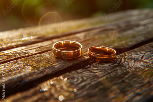 Golden Wedding Rings on a Rustic Wooden Surface: Warm Light Emphasizing Romance
