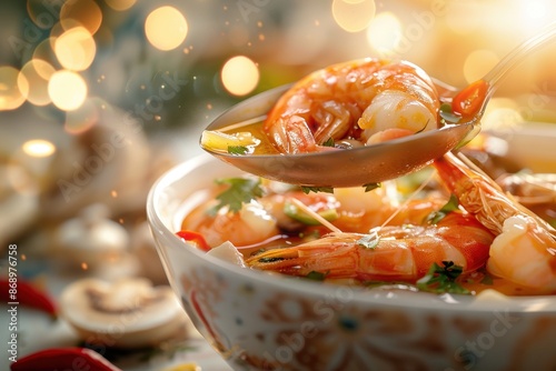 A bowl of shrimp soup with a spoon in it photo