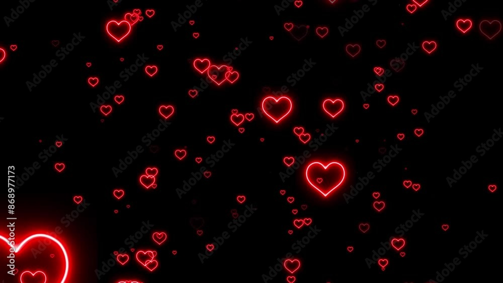 Red neon valentine heart background. Neon hearts flying background. Colorful hearts flying background. Seamless loop
