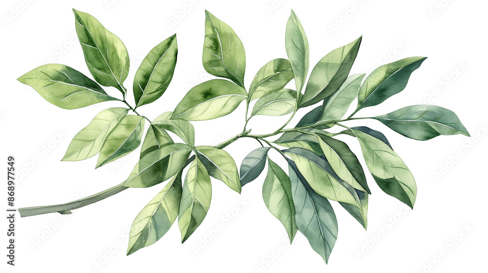A leafy branch with green leaves isolated on a white background A leafy branch with green leaves isolated on a white background