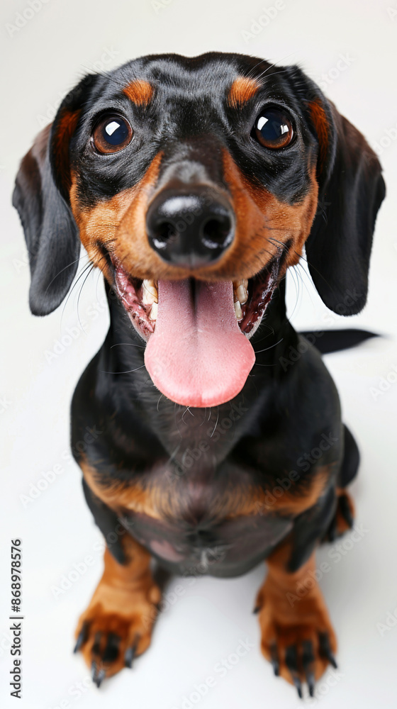 A black and brown awesome dachsund is sitting on a white background A black and brown awesome dachsund is sitting on a white background