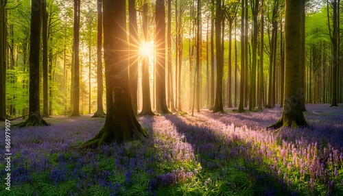 Silent Forest in spring with beautiful bright sun rays. A tranquil forest pathway with rays of sunlight filtering through the trees, Stunning Scenic World Landscape Wallpaper Background