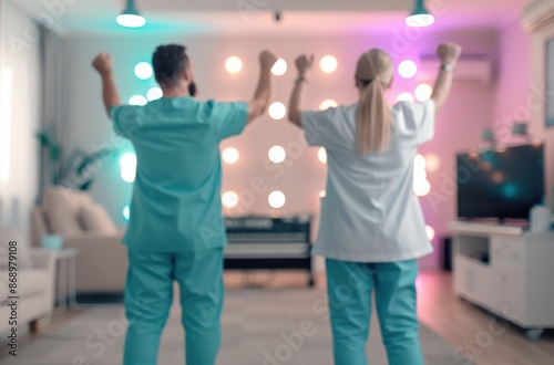 Two healthcare workers celebrate a victory with their arms raised in the air.