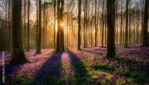 Silent Forest in spring with beautiful bright sun rays. A tranquil forest pathway with rays of sunlight filtering through the trees, Stunning Scenic World Landscape Wallpaper Background