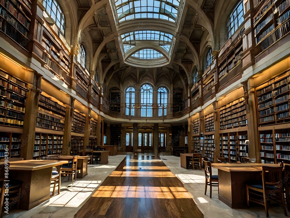 Obraz premium A large and luxurious library with tables and chairs with a large fireplace in the center