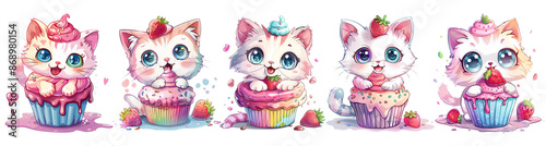 cute Cat with Ice cream set, png, generated ai
