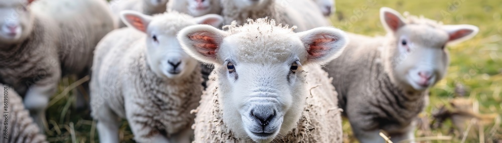 A group of fluffy white lambs stand together in a grassy field. A group of fluffy white lambs stand together in a grassy field.