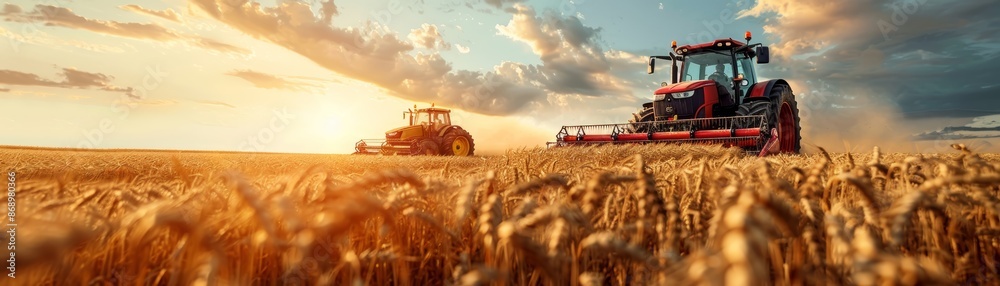 A tractor harvesting a field of golden wheat at sunset. A tractor harvesting a field of golden wheat at sunset.