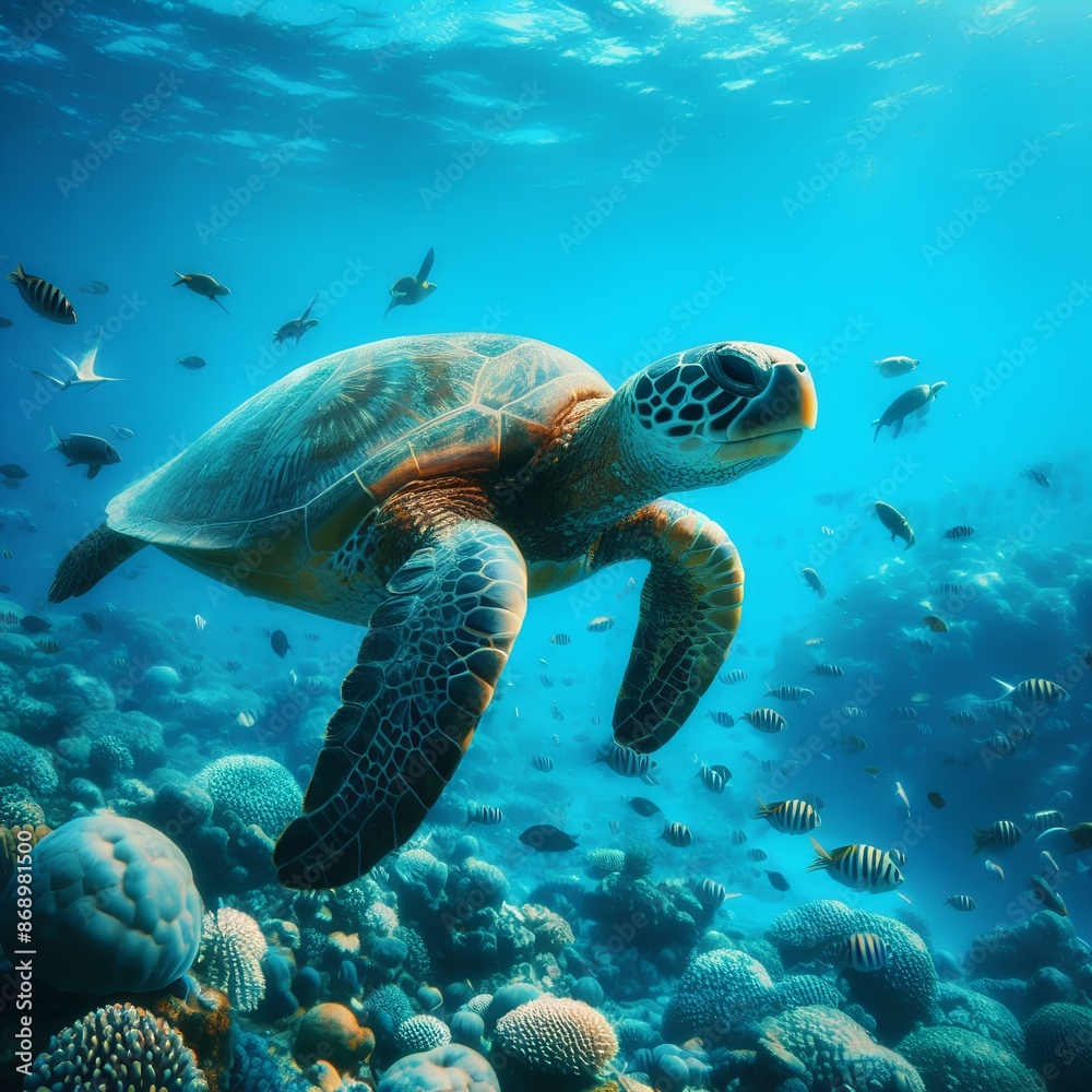 Obraz premium Turtle cruising clean blue sea.