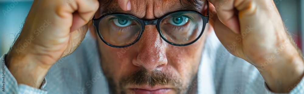 Intense Focused Man with Glasses Staring into Camera with Determination Intense Focused Man with Glasses Staring into Camera with Determination
