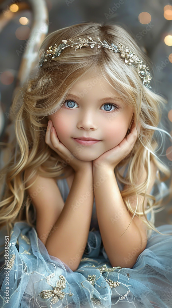 Fototapeta premium Whimsical Portrait of a Young Girl with Golden Hair and Floral Headband