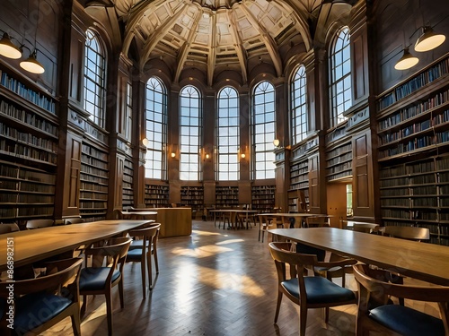 A large and luxurious library with tables and chairs with a large fireplace in the center © Rafli