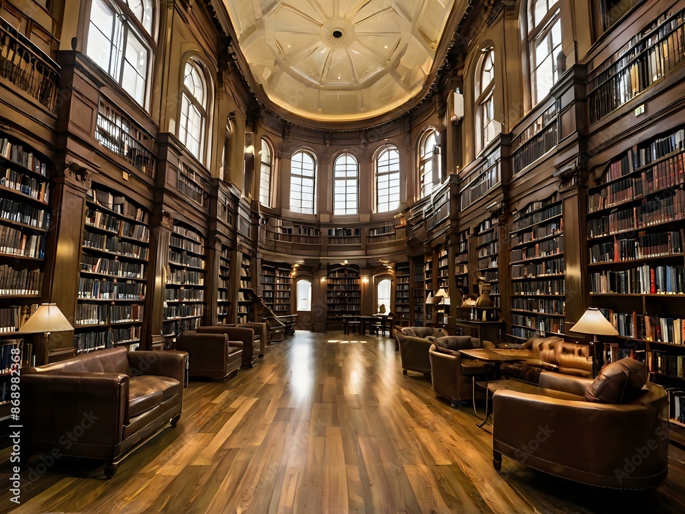 A large and luxurious library with tables and chairs with a large fireplace in the center A large and luxurious library with tables and chairs with a large fireplace in the center